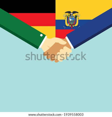 The handshake and two flags German and Ecuador. Flat style vector illustration.
