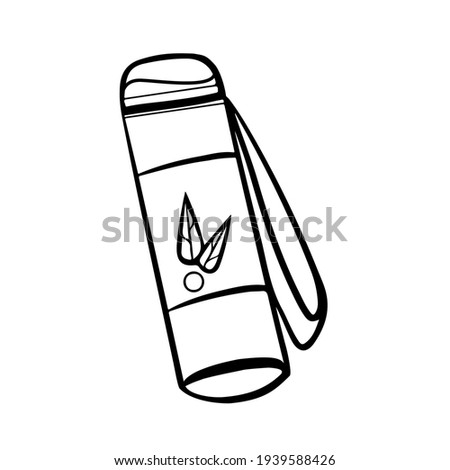 Thermos for camping, fishing, hiking outline vector. Vacuum flask with handle for outdoor recreation doodle. Tourist pot with cup and organic leaf print. Travel water bottle illustration. 