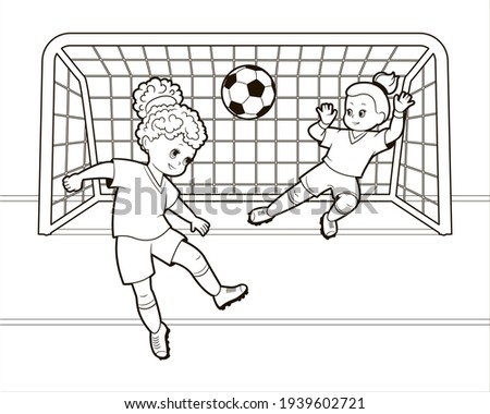 Coloring book: Teenage girls play soccer with their heads hitting a soccer ball into the goal. Vector illustration in cartoon style, isolated black and white line art.