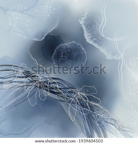 Abstract fluid art design with flowers and lines on a blue background 