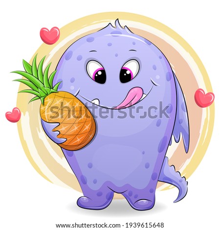 Cute cartoon monster holding  pineapple.