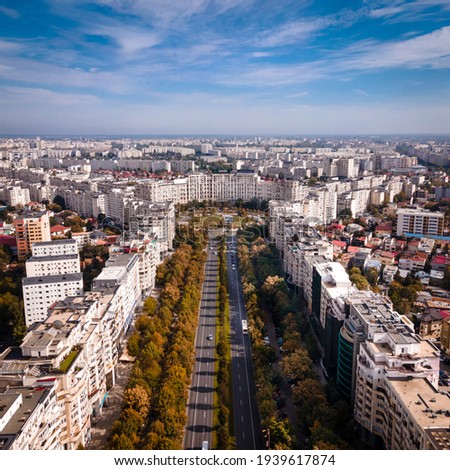 City seen from above; aerial footage over Bucharest