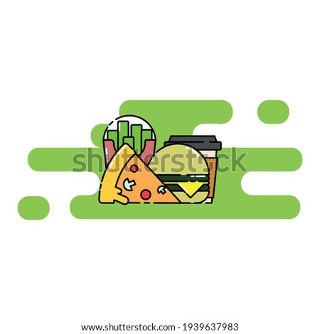 Cute Illustration of pizza, coffee, french fries, cheese burger. modern simple food vector icon, flat graphic symbol in trendy flat design style.