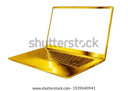 Golden laptop blank screen white background isolated closeup side view, gold metal computer, open empty display, modern slim design, pc mockup, notebook template, luxury rich concept, copy space