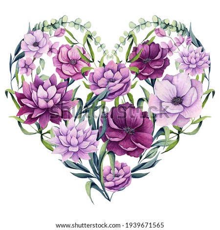 Floral Heart with Watercolor Pink Anemone and Dahlia Flowers and Green Leaves