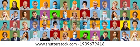 Photo collage of group of glad cheerful surprised people person youngsters children having bright facial expressions isolated over multicolored background