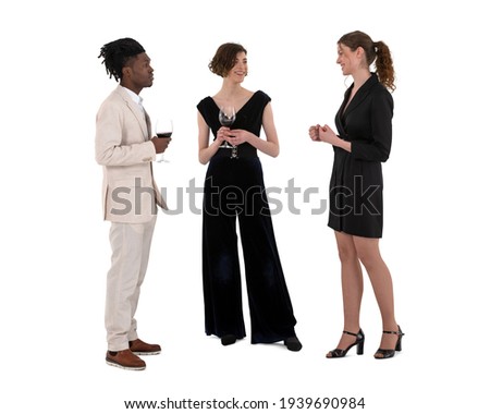 Three people at a fancy party standing and talking and drinking wine isolated on white background Royalty-Free Stock Photo #1939690984