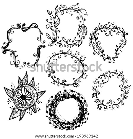 Circle floral borders. Sketch frames, hand-drawn. Vector  