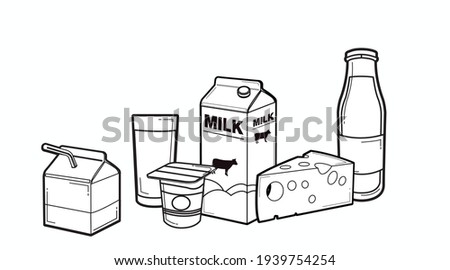 Milk Icon Set. Vector isolated black and white milk box or carton, milk bottle, yoghurt, cheese and a glass of milk