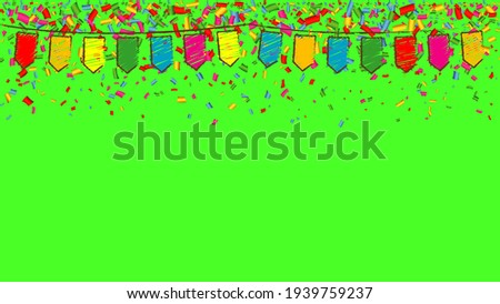 Chromakey, green screen background with many falling tiny colored confetti pieces and flags. Happy party. Chroma key studio tv concept. 1920, 1080 video format. Royalty-Free Stock Photo #1939759237