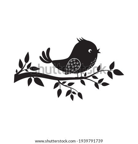 Bird sitting on a branch, black stencil silhouette, Vector isolated illustration, print, Scrapbooking, decor, Machine cut