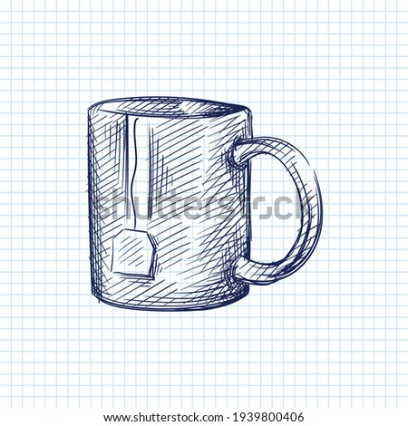 Hand drawn sketch of cup of warm tea before going to sleep on a white background. Black and white sketch of cup of milk before going to bed. Going to sleep. Sleeping set. Tea mug	
