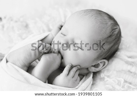 Newborn baby sleeping on wool blanket. Happy baby, sleep time. Black and white picture