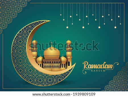 Crescent Islamic with mosque for Ramadan Kareem and eid mubarak. Golden Half Moon pattern,background.vector illustration	 Royalty-Free Stock Photo #1939809109