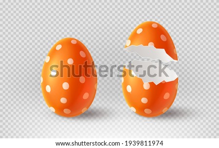 Orange cracked egg isolated on checkered background. Realistic egg shells. Vector illustration with 3d decorative object for Easter design. Royalty-Free Stock Photo #1939811974