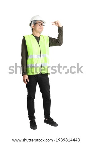 The senior asian man in labor uniform on the white background.