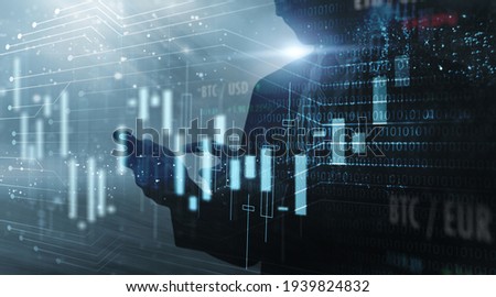 Forex trader stock market safety security risk on Internet Security Data protection in trading broker account crypto currency exchange financial market protection people information, blue background Royalty-Free Stock Photo #1939824832