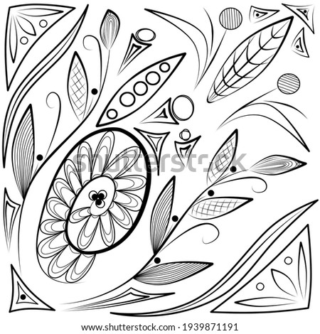 Detailed abstract antistress illustration with elements plant, coloring book page for children and adults. Black contour, linear pattern. Outline drawing.