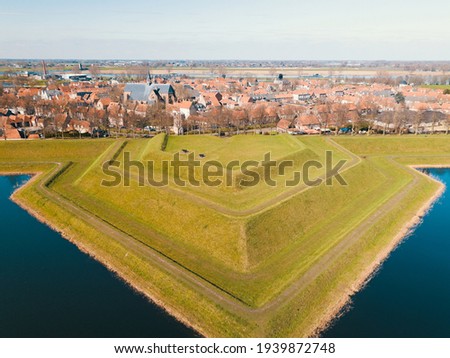 Aerial drone view of the old fort remains in the Heusden, the Netherlands