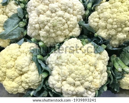 Fresh organic fresh cauliflowers group for sale in the big fresh market center in Bangkok Thailand.Ingredient for cooking food and very good benefits and high vitamins for health eating