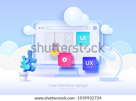 Mockup 3D monitor with user interface elements for web design Software creator. User interface, user experience design. A set of tools for creating UI UX. Web development. Vector illustration 3D style Royalty-Free Stock Photo #1939932724