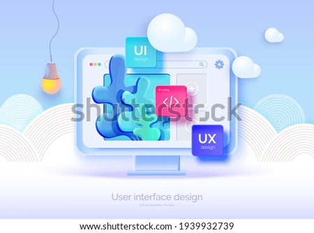 Mockup 3D monitor with user interface elements for web design Software creator. User interface, user experience design. A set of tools for creating UI UX. Web development. Vector illustration 3D style Royalty-Free Stock Photo #1939932739