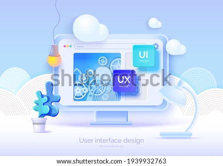 Mockup 3D monitor with user interface elements for web design Software creator. User interface, user experience design. A set of tools for creating UI UX. Web development. Vector illustration 3D style Royalty-Free Stock Photo #1939932763