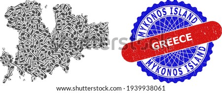 Music Pattern for Mykonos Island Map and Bicolor Grunge Seal