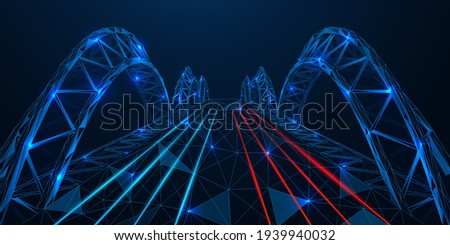 Polygonal bridge design. The effect of night lights on the road. Blue background. Royalty-Free Stock Photo #1939940032