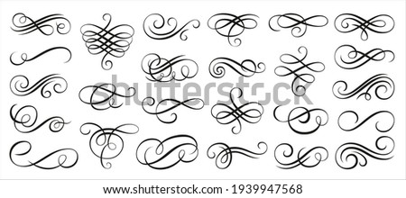 Vintage swirl ornament, line style flourishes set. Filigree calligraphic ornamental curls. Decorative retro design elements for menu, certificate diploma, wedding invatation card, outline text divider Royalty-Free Stock Photo #1939947568