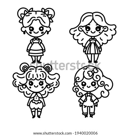 kawaii girl collection line illustration,  coloring book page, children's book illustration, hand drawn cute character
