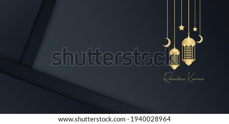 Gold and black ramadan background with lantern, moon and crescent decoration. Islamic greeting card design concept. Luxury arabesque pattern arabic east style for cover, brochure, flier, banner