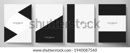 Modern black, white cover design set. Creative abstract with diagonal dynamic line pattern (stripe) on background. Premium vector collection for business brochure, catalog template, booklet layout Royalty-Free Stock Photo #1940087560