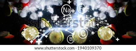 Water drops on ripe sweet fruits and berry. Fresh fruits background with copy space for your text. Vegan and vegetarian concept.
