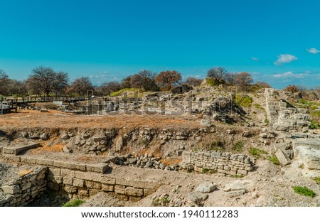 
Ruins and walls in the archaeological park of the ancient city of Troy near Canakkale, Turkey