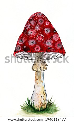 A beautiful decorative mushroom fly agaric. Drawn with watercolors, added graphic elements.