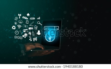  businessman using a laptop computer ,artificial intelligence technology symbol icon, concept on virtual screen with hands typing on the keyboard,Searching for information via online network channels