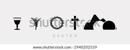 Easter, set of icons on a gray background. Wine bowl, willow, wreath of thorns and cross.  Royalty-Free Stock Photo #1940202559
