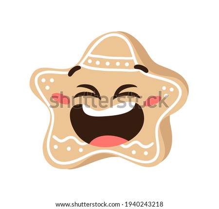 Hand drawn Christmas Emoji Gingerbread Cookie Star on white background. Creative flat art. Actual vector drawing decorations. Cartoon Character Emoticon
