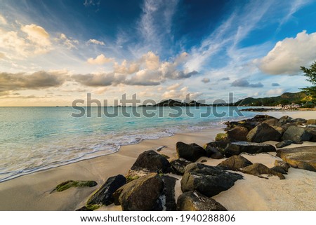 Antigua, Jolly Harbour Beach at sunset.