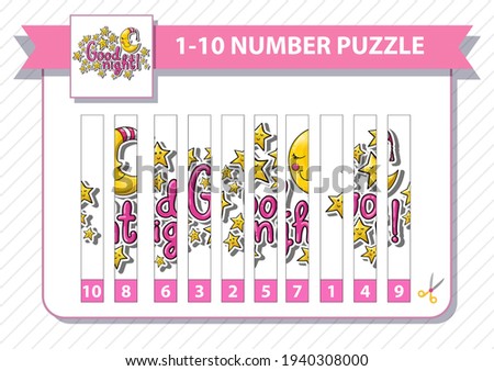 Counting number puzzle. From 1 to 10. Cut and assemble. Crescent in striped hood and stars. Good night.