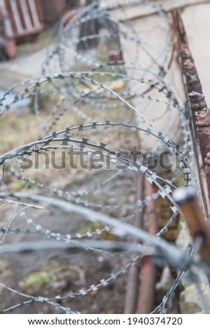 Barbed wire wall. Security barbed wire on a low fence