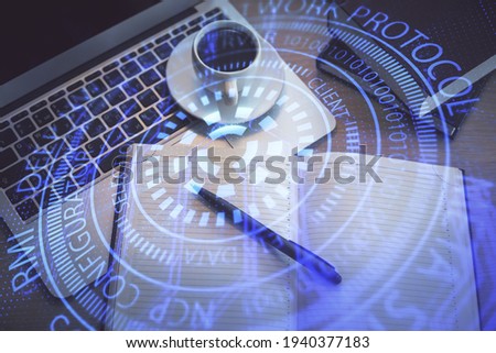 Multi exposure of data theme drawing hologram over topview work desk background with computer. Concept of technology.