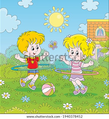 Cheerful cute little kids in colorful sport clothes playing and fun spinning hoops on a green lawn on a sunny summer day, vector cartoon illustration