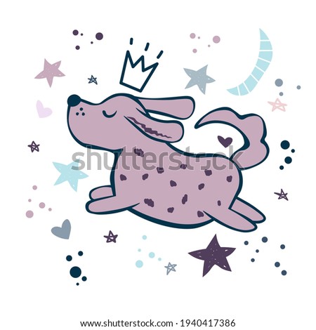 Dog wearing fashion crown, stars, moon. Hand drawn vector illustration. Ready for t-shirt design or party birthday invitation, wrap paper.