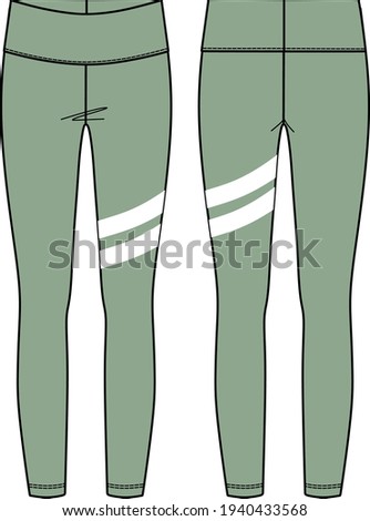 Vector sport leggings fashion CAD, woman lounge or yoga leggings with high waist technical drawing, legging fashion flat with print detail, sketch, template, front and back view in white color Royalty-Free Stock Photo #1940433568