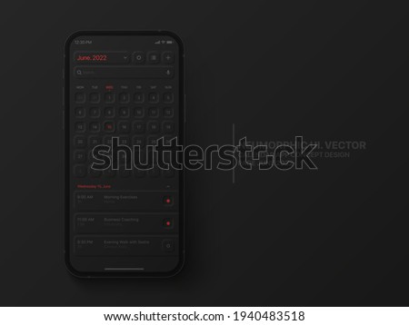 Vector Calendar Mobile App June 2022 Conceptual UI Neumorphic Design Dark Version On Photorealistic Phone IPhone 12 Mockup on Abstract Background. Business Planner Application for Mobile Phone