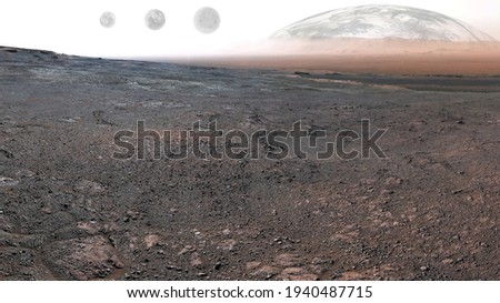 Fantastic Mars planet surface with earth and moons on the background. Mars colonization concept. Elements of this image were furnished by NASA