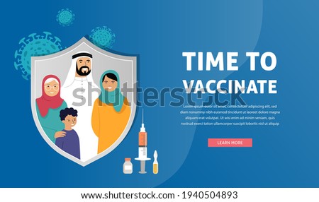 Muslim Family Vaccination concept design. Time to vaccinate banner - syringe with vaccine for COVID-19, flu or influenza and a family