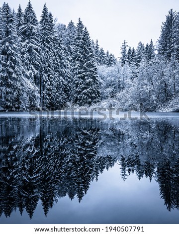Ice reflections, a nearly frozen lake